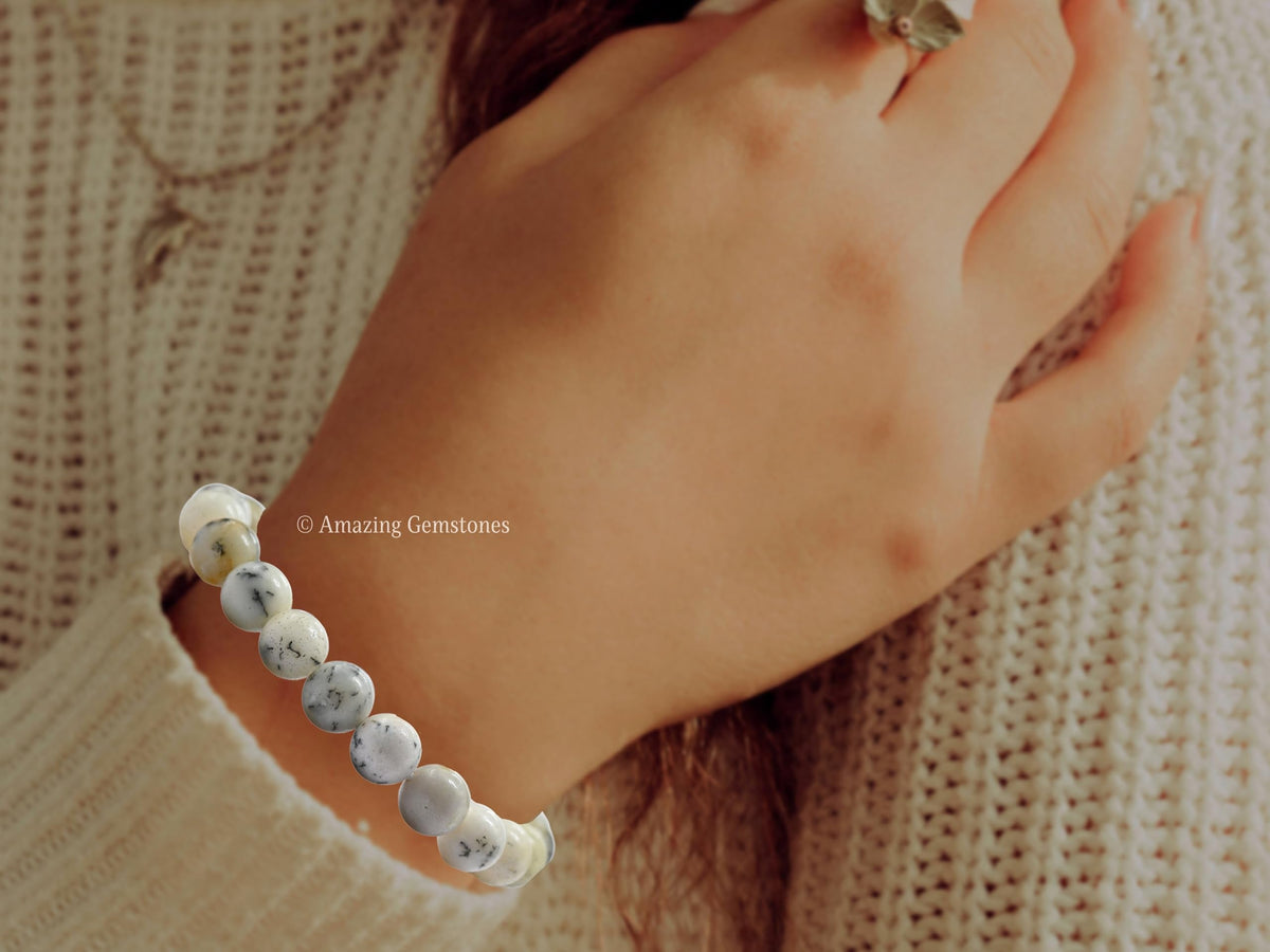 Amazing Gemstone Crystal Bracelet for Women Men's Gifts - Protection Healing Crystal Bracelet - 8mm Gemstone Beaded Stretchable Bracelet Pulseras Para Hombres Mujer Stocking Stuffers Mothers Day Gift (Dendrite Opal)