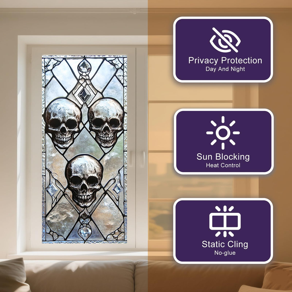 IVN Privacy Window Film Decorative Stained Glass Skull Design, Gothic Static Cling Window Film for Living Room Bedroom Door Panel 17.7 x 39.3 Inch