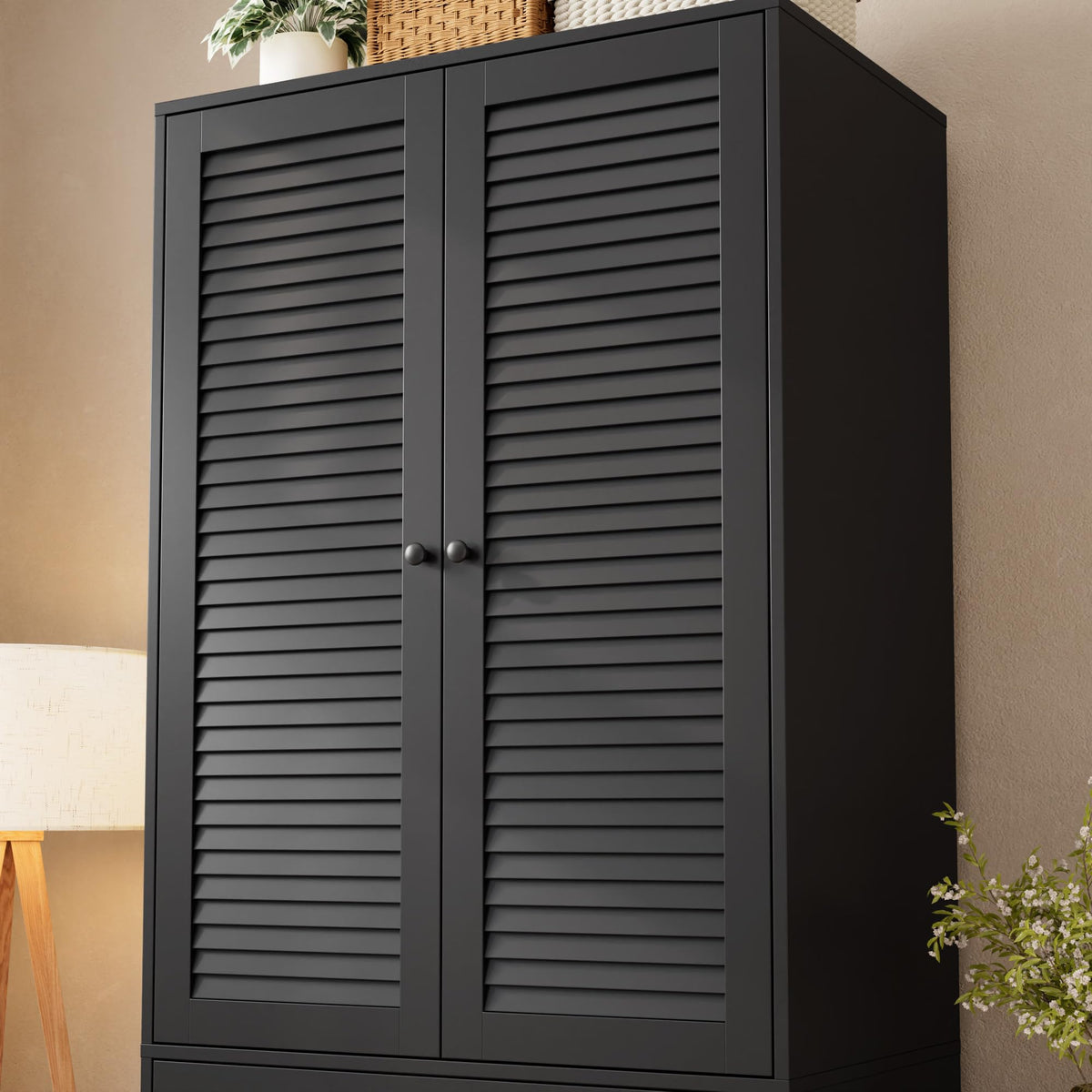 GarveeHome Armoire Wardrobe Closet with 3 Drawers, 69.5" Wooden Wardrobe Cabinet, Hanging Rod, 2 Doors Clothing Storage Cabinet for Bedroom, Large Capacity Storage, Louvered Door, Black