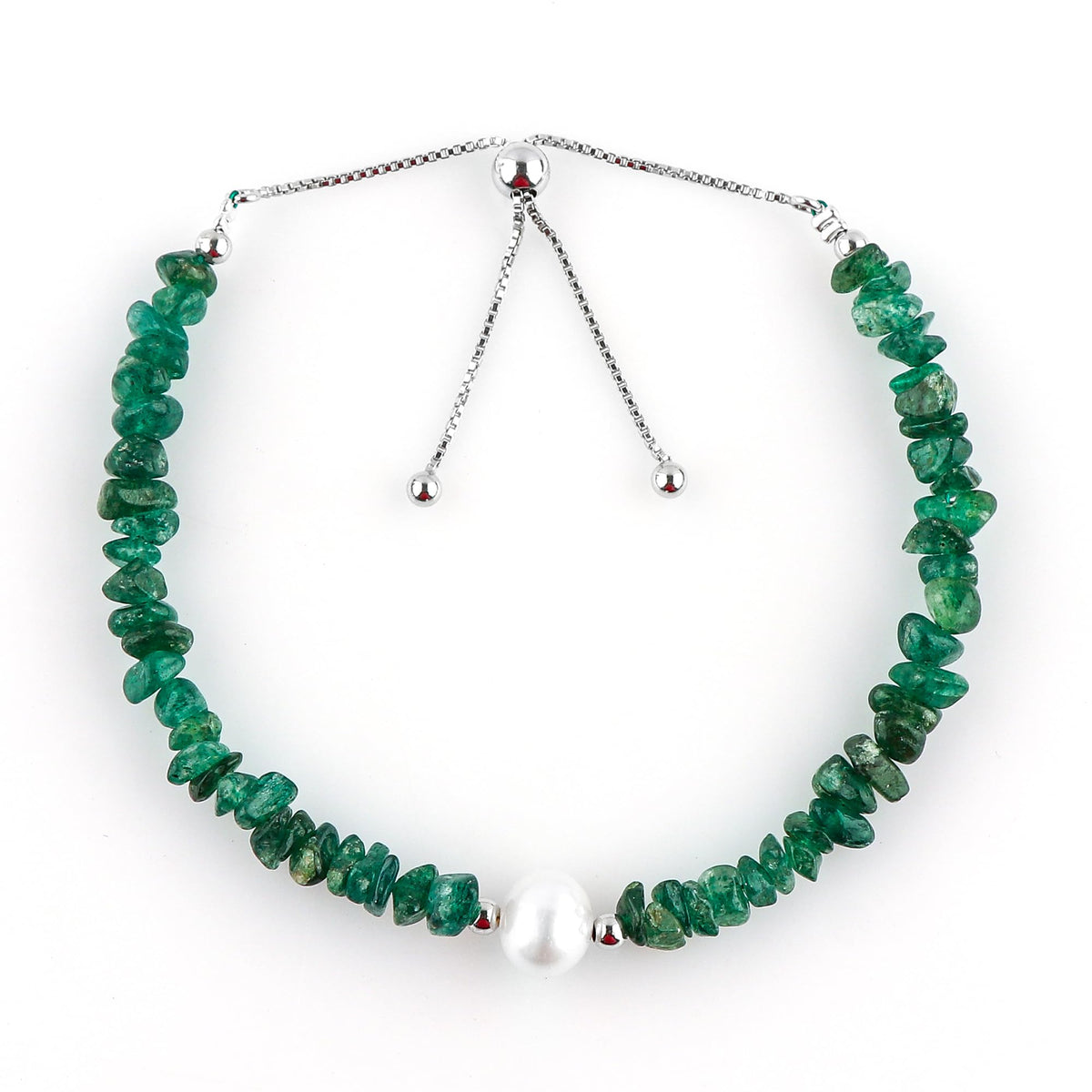 CRYSTALIS Natural Green-Jade Beads Slider Bolo Bracelet with Elegant Pearl, Uncut Chips Nuggets Crystals, Chakra Healing Gemstone, Women Jewelry, 925 Sterling Silver Slider 10 inch