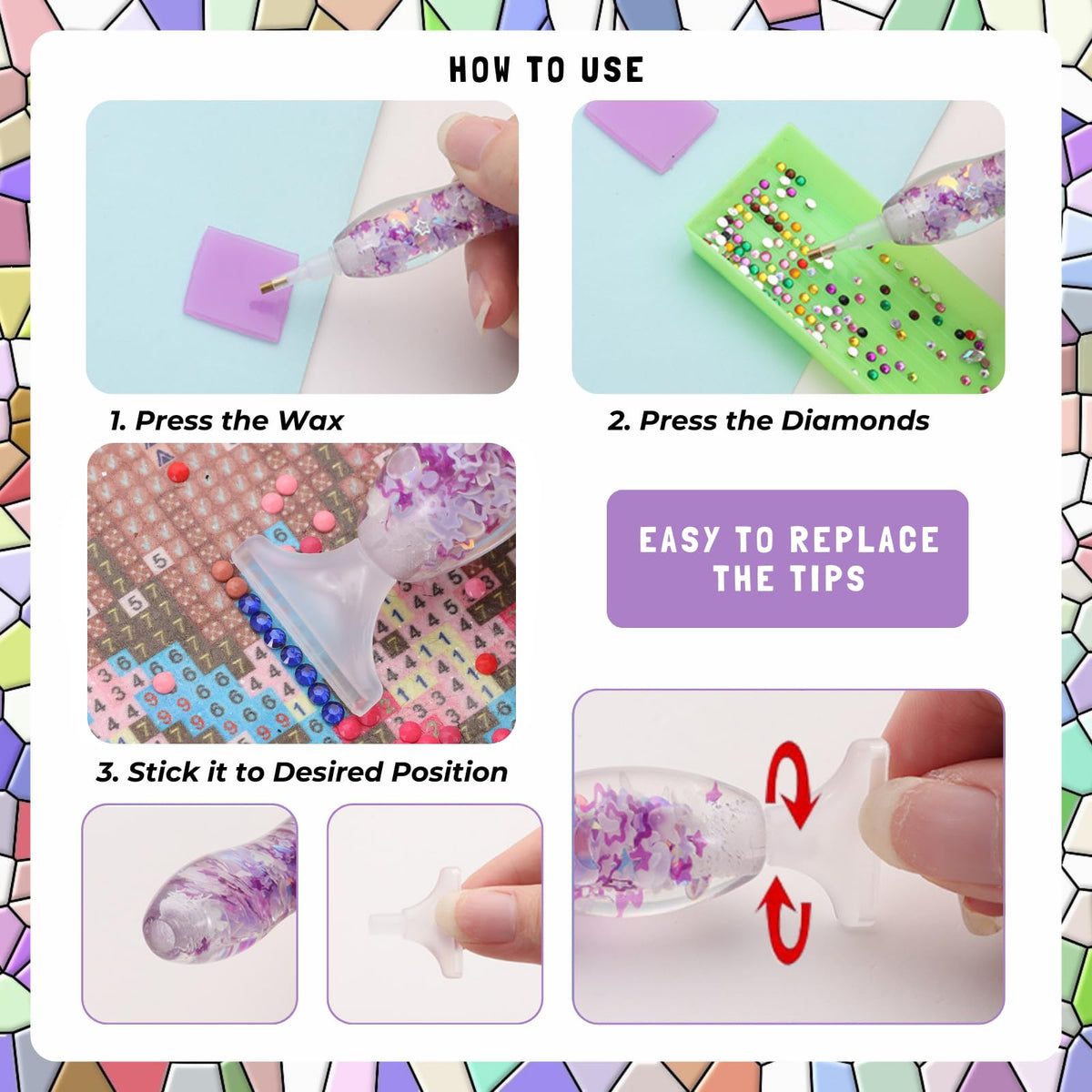FOVIUPET 20pcs Diamond Painting Art Drill Pen Set, Resin Luminous 5D Point Drill Pen Tools with Metal/Resin Tips, Cross Stitch Diamond Rhinestone Beads Picker DIY Nail Art Embroidery Tools (Purple)