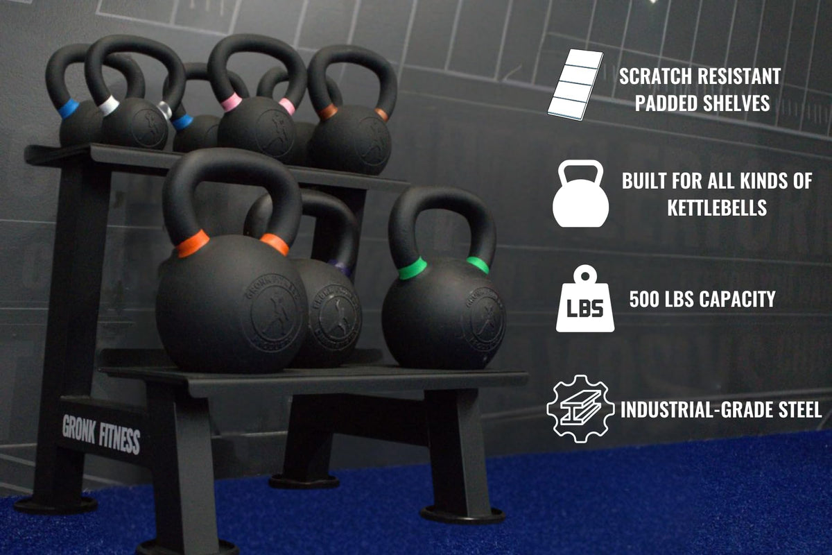 Gronk Fitness Kettlebell Rack | 2-Tier Heavy-Duty Weight Storage Shelf for Home Gym | Scratch-Resistant Padded Shelves | Organize Kettlebells, Dumbbells, and Gym Equipment | Easy Assembly