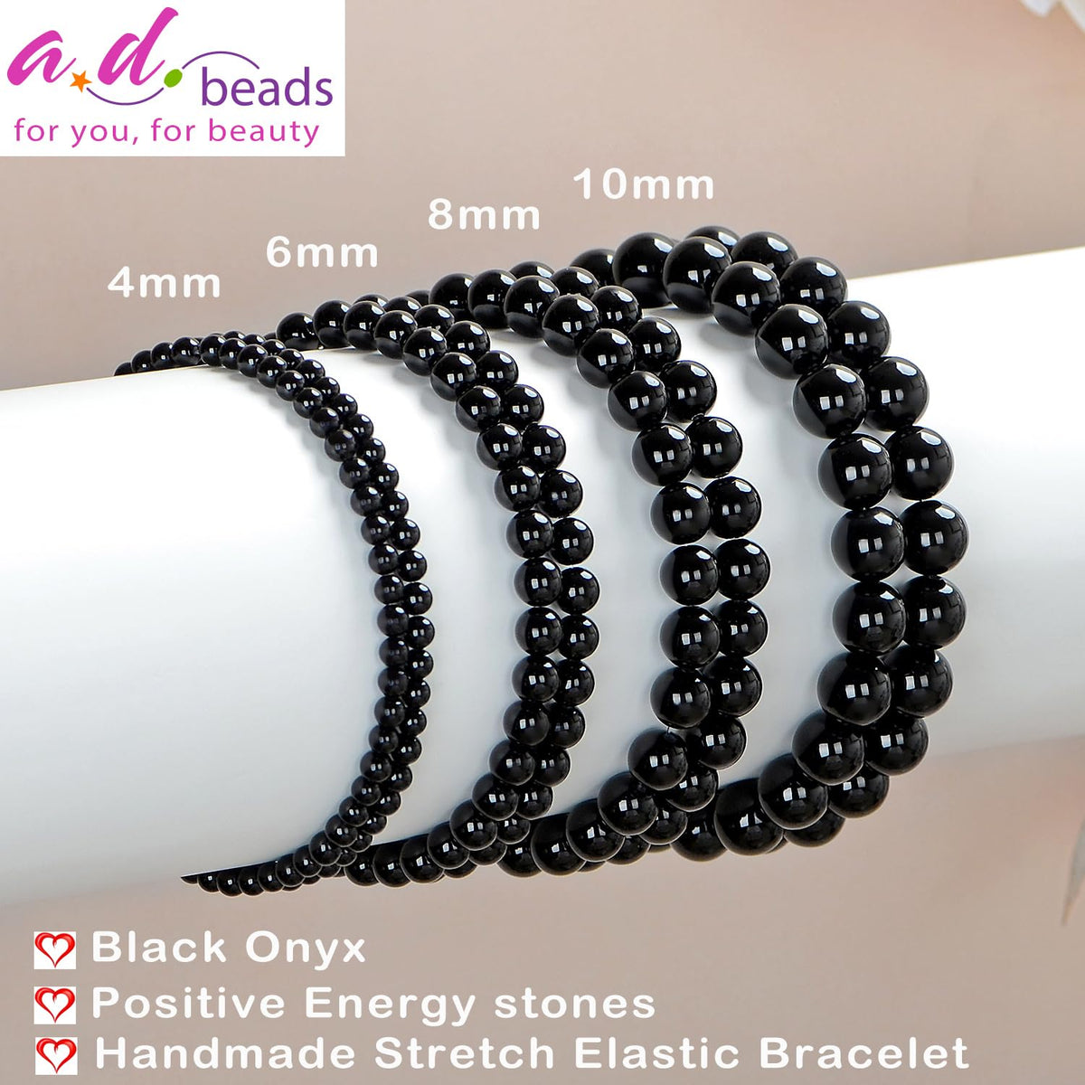 AD Beads Handmade Gemstone Stretch Elastic Bracelet Crystal Healing Reiki Nature's Beauty and Spiritual Essence Unisex (10mm, Black Onyx)