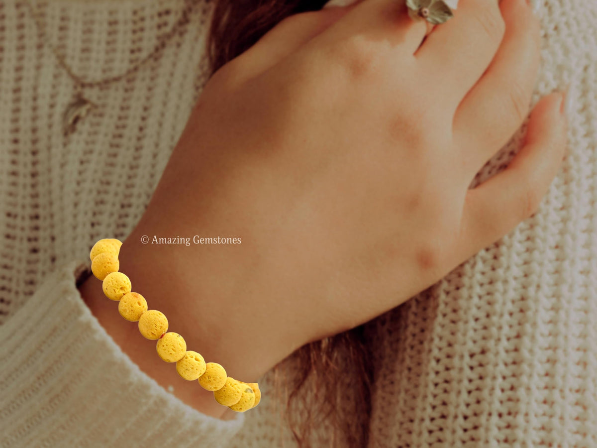 Amazing Gemstone Yellow Lava Bracelet, Gifts For Men & Women - Protection Healing Crystal Bracelet - 8mm Gemstone Beaded Adjustable Bracelet, Pulseras Para Hombres Mujer Stocking Stuffers