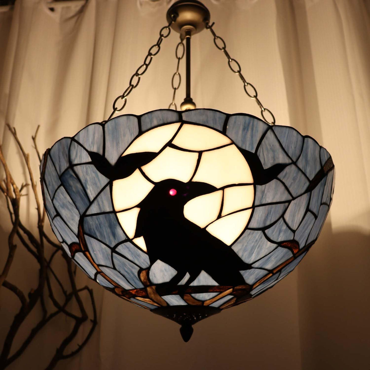 Bieye L12006 Tiffany-Style Stained Glass Raven Ceiling Pendant Light, 3-Light Hanging Ceiling Fixture with Adjustable Chains (Dark Blue, 20 inches Wide)