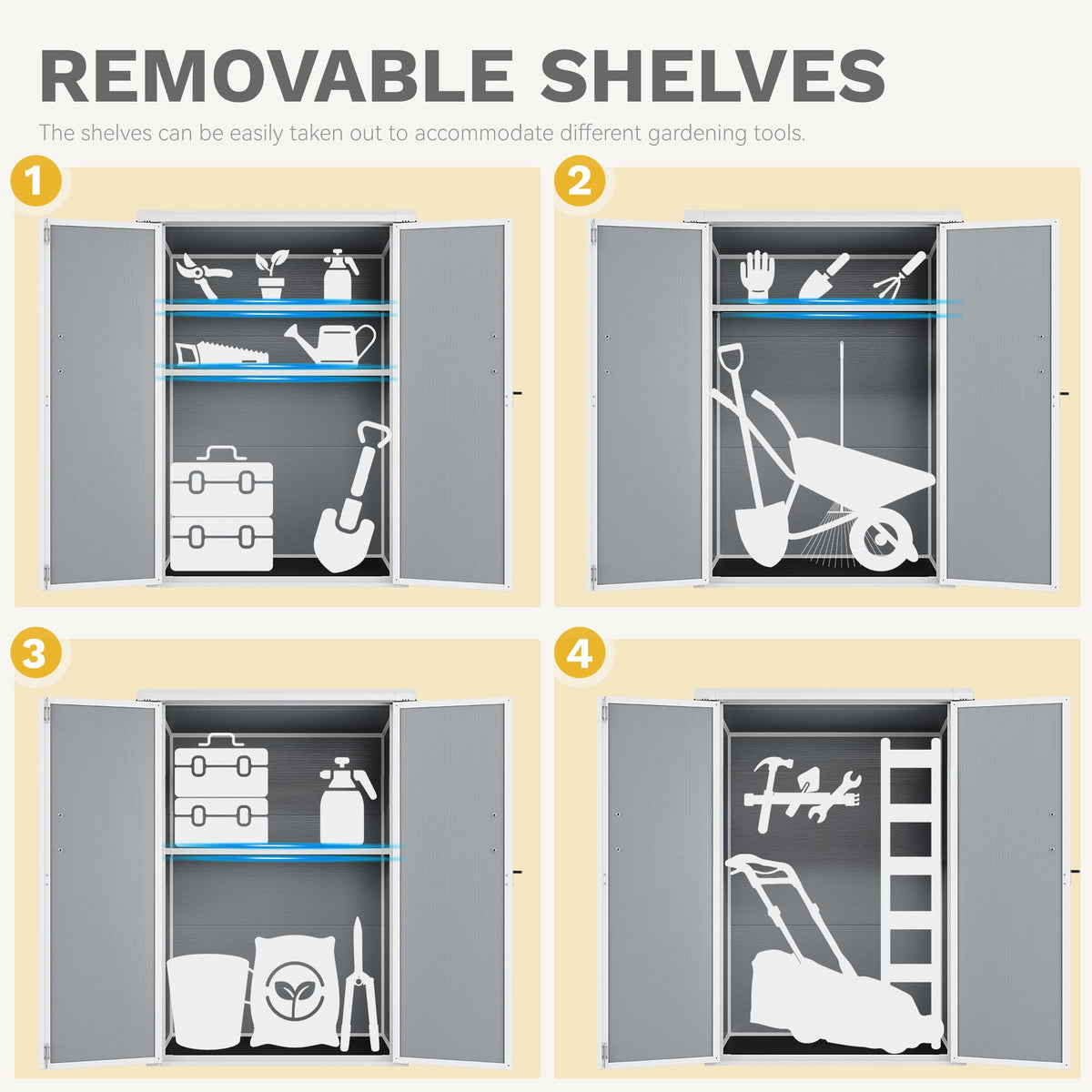 DWVO 50 Cuft Outdoor Tall Storage Shed with 2 Shelves, 4.3x2x5.5ft Vertical Tool Shed with Floor & Lockable Doors, Sturdy Double-Wall Plastic Cabinet for Garbage Cans and Garden Equipment (Gray)