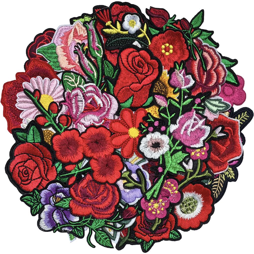 30pcs/1 Box Cuncuny Assorted Flower Cuncuny Kids Girls Patch Sewing on/Iron on Patch Applique DIY Craft Embroidered Applique Patches (Assorted Flowers)