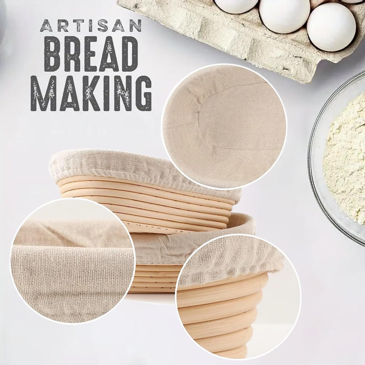 Jeensley Banneton Bread Proofing Basket with Brochure Set of 2, Sourdough Baking Supplies for Rising, Round & Oval Proving Baskets with Liners, Handmade from Quality Natural Indonesian Rattan