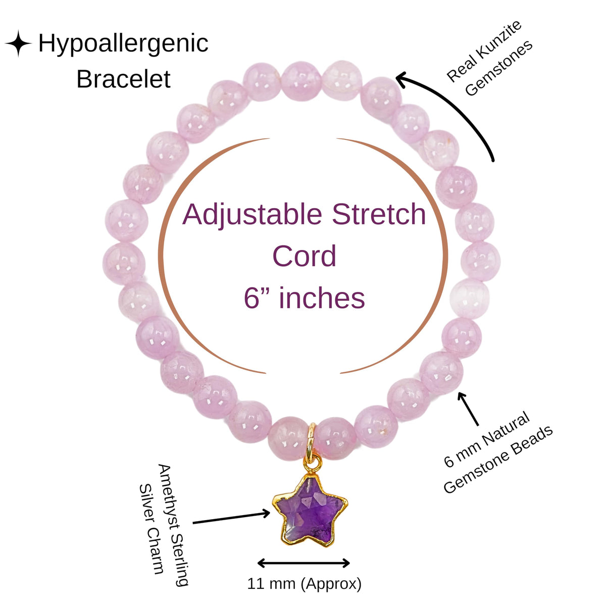 Kunzite Gemstone Bracelet Party Favor for Girls, Toddler Bracelet with Certified 925 Sterling Silver 18K Gold Vermeil Amethyst Crystal Star Charm