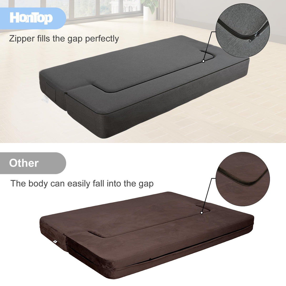 HonTop 8 Inch Folding Sofa Bed Couch, Queen Size Memory Foam Convertible Futon Sleeper Chair for Bedroom Living Room Guest, No Assembly Fold Out Sofa, Dark Grey