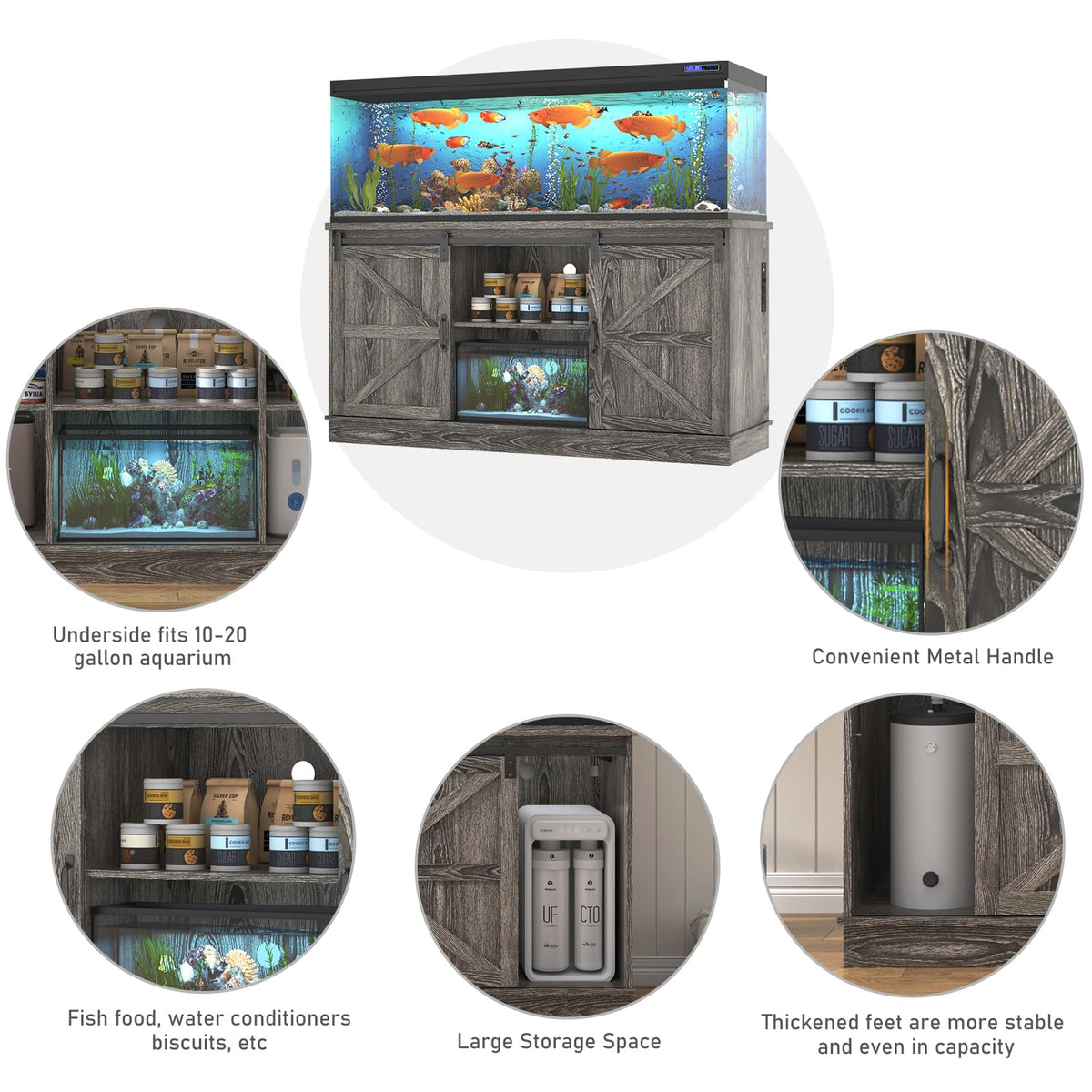 Hlivelood Farmhouse 75-120 Gallon Fish Tank Stand with Power Outlet, Aquarium Stand w/Cabinet&Sliding Barn Door, Heavy Duty Reptile Tank Stand for Fish/Turtle/Reptile Terrarium, 1000LB Capacity, Grey