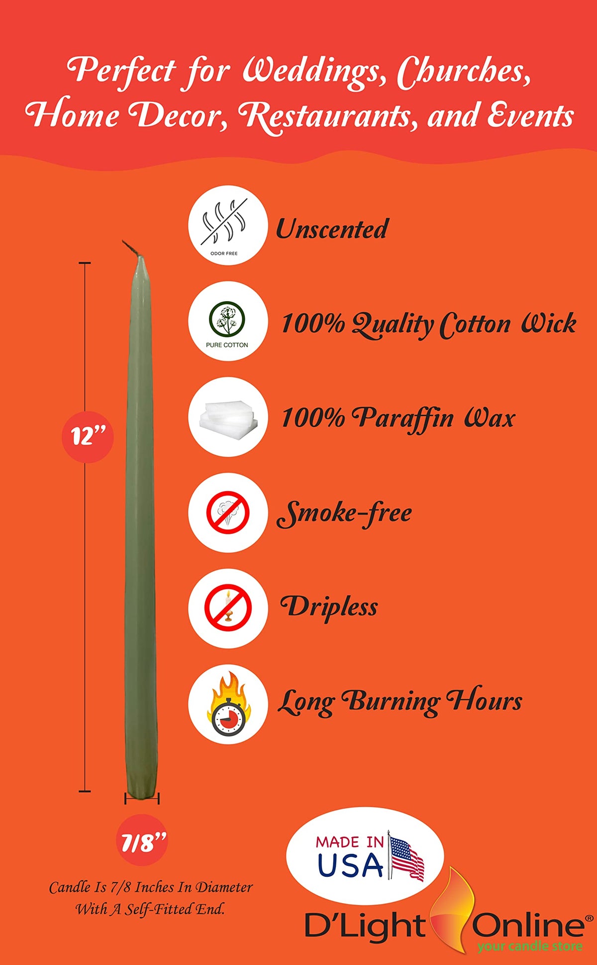 D'light Online Elegant 12" Seasonal Thanksgiving Taper Candles Premium Quality - Unscented, Hand-Dipped Tapered Candles, Dripless and Smokeless - Set of 12 (12 Inch, Fall Harvest)