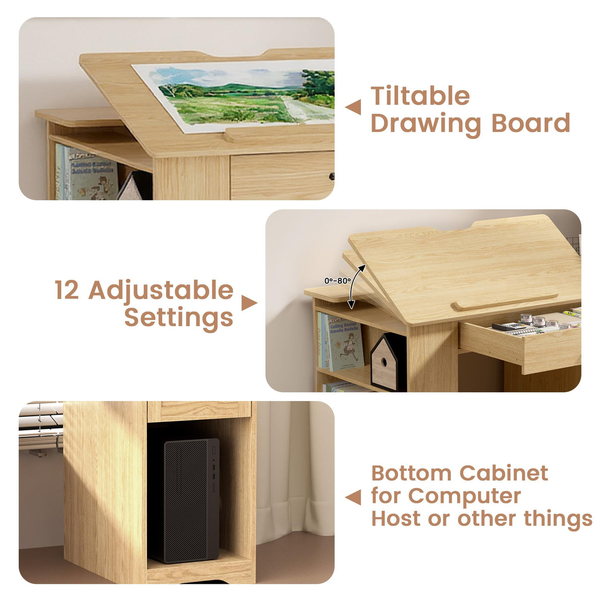 GatherHome Drafting Table with Storage Cabinet & Drawers, Adjustable Drawing Table with Open Shelves, Craft Art Desk for Artists, Painters, Drawing, Crafting, Reading, Writing, Working