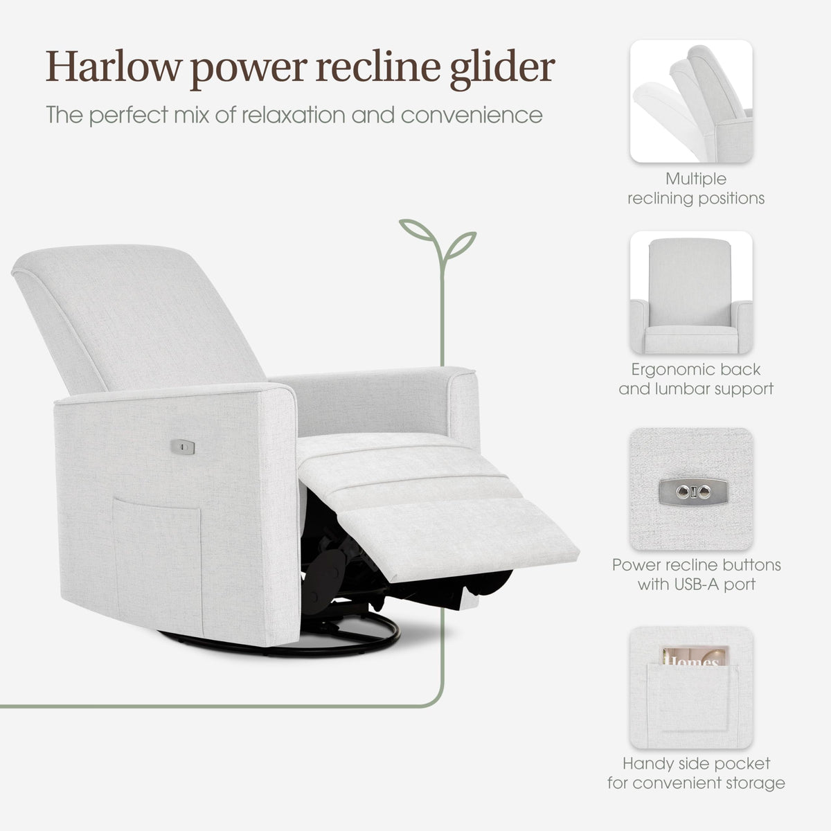 Evolur Harlow Upholstered Power Glider Recliner with USB Charging – Rocking & 275° Swivel with Smooth Glide – Greenguard Gold & FSC Certified – Modern Nursery and Living Room Chair in Fog
