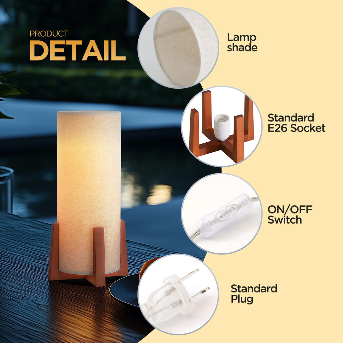 Fengarolam Modern Small Table Lamps, Nightstand Lamp with Linen Fabric Shade, 13.97" Cylinder Wood Base Bedside Table Lamp for Bedroom Office Living Room Home Decor