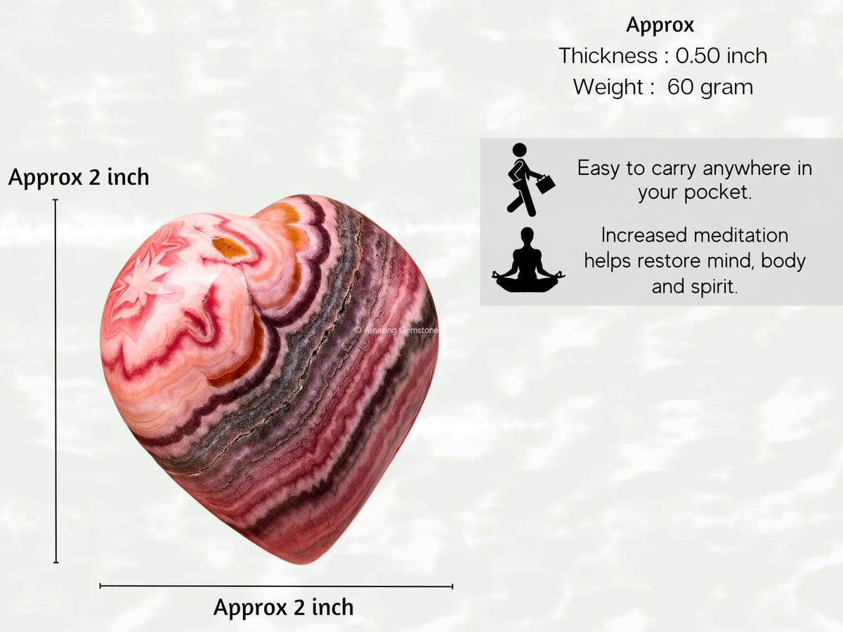 Rhodochrosite Crystal Heart Palm Stone - Pocket Massage Worry Stone for Natural Body Chakra Balancing, Reiki Healing and Crystal Grid