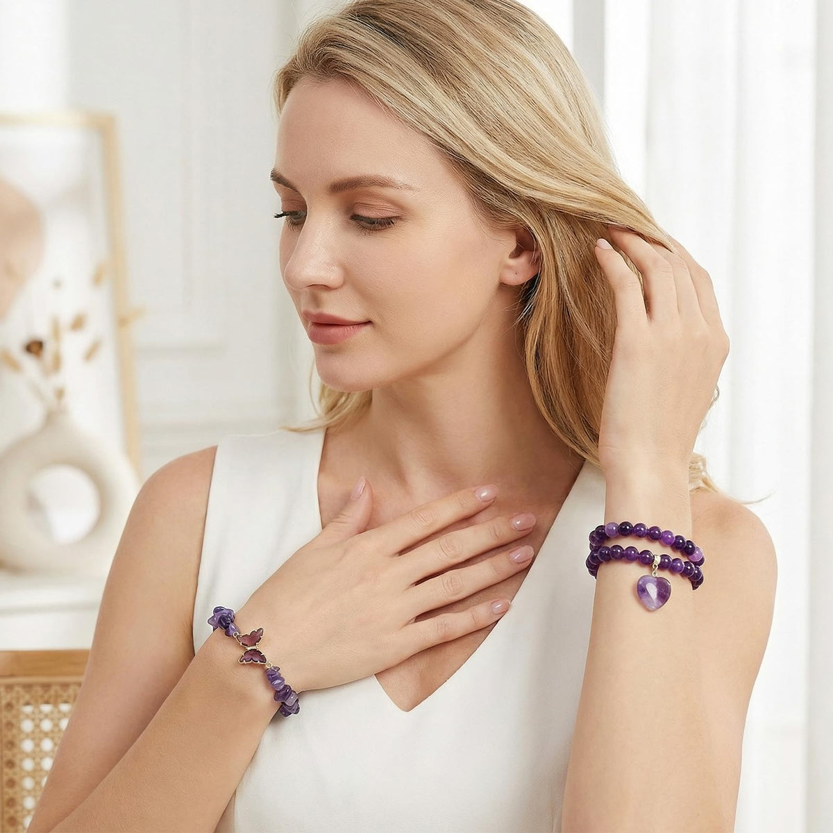 Sdfvsdg Healing Crystal Beaded Bracelet for Women Amethyst Gemstone Anxiety Stress Relief Charm Bracelet Butterfly Heart Charm Healing Stone Jewelry Gifts for Birthday Mothers Day Valentine