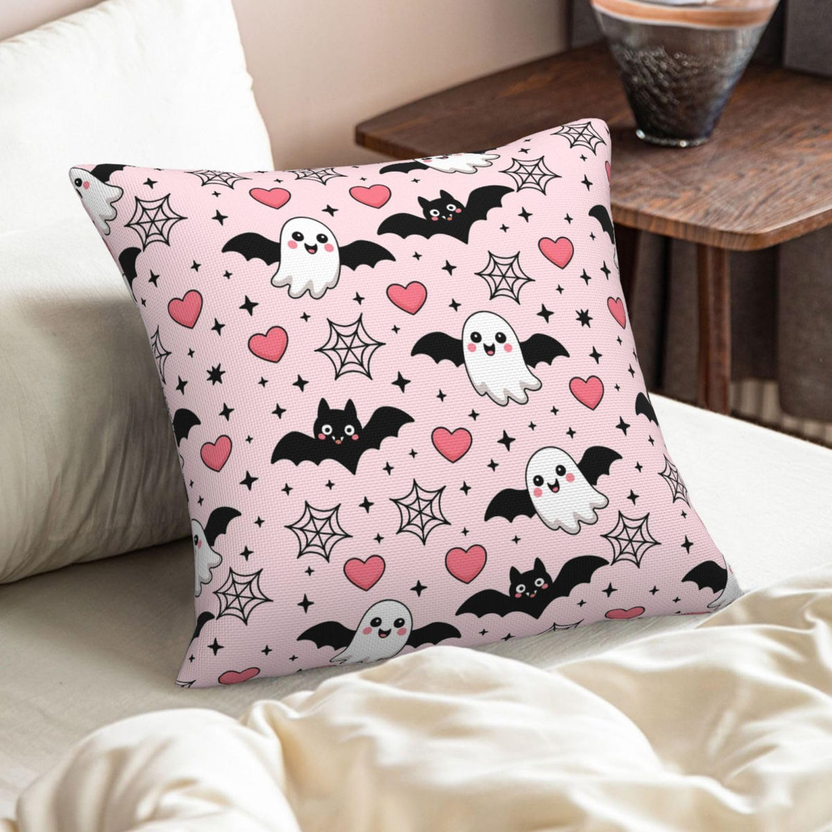 Halloween Pink Cute Ghost Bats Heart Decorative Pillow Covers 18x18 Inch Set of 2 Rustic Boho Flower Outdoor Throw Pillows Neutral Farmhouse Decoration Cushion Cases for Sofa Couch Bed Decor