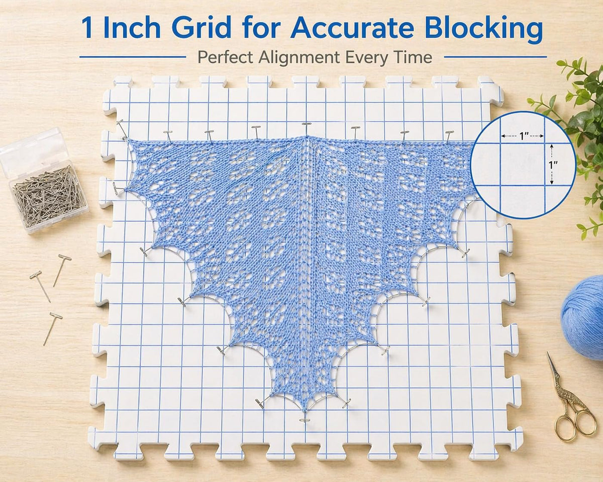 IRSTBL Knitting Blocking Mats Set – 9 Interlocking Foam Mats with Gridlines, 100 T Pins, 20 Locking Stitch Markers and Storage Bag – Crochet Blocking Boards Kit