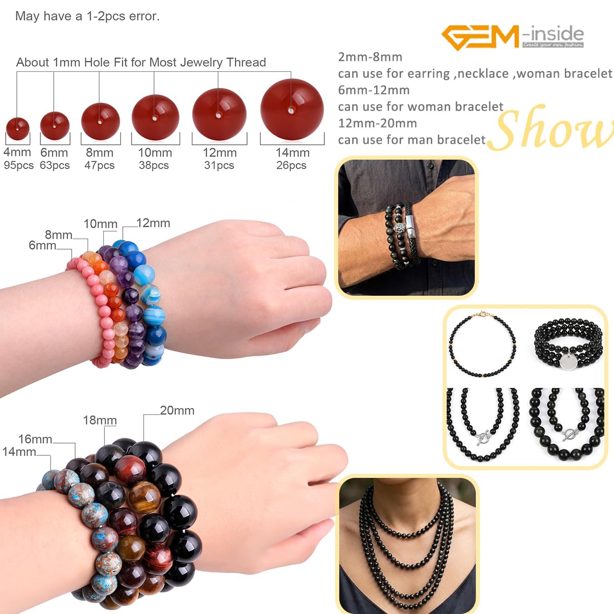 GEM-Inside Natural 8mm Black Obsidian Gemstone Loose Beads Round Energy Power Beads for Jewelry Making 15"