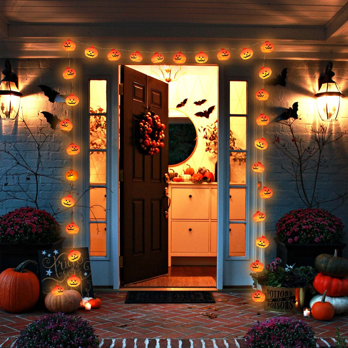 Runleo Halloween Decorations Pumpkin String Lights, 30 LED 16.4 FT 8 Modes Timer 3D Waterproof Orange Jack-O-Lantern Battery Operated Decorative Twinkle Lights for Indoor Bedroom Camper Party Decor