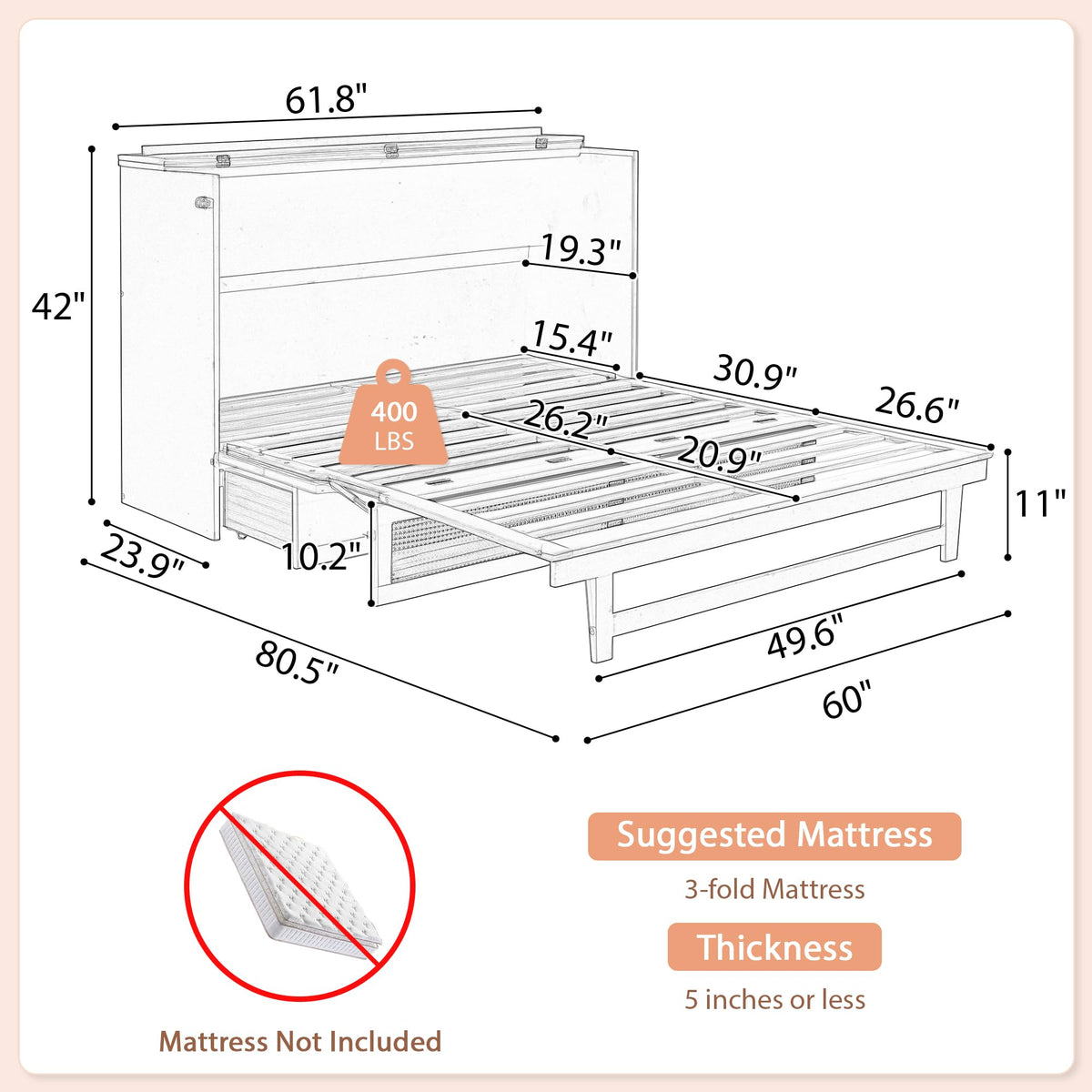 DNYN Queen Size Murphy Bed Frame with Storage Drawer for Bedroom/Guest/Study Room, Space-Saving Foldable Bed with Rattan Decoration, No Box Spring Needed & Easy Assemble