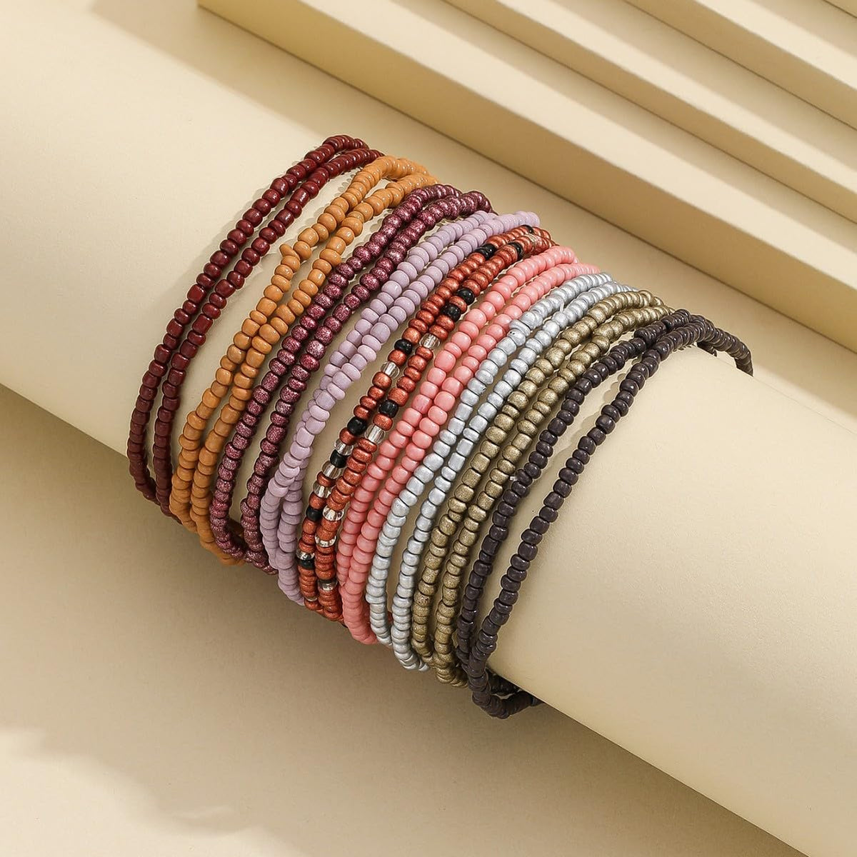 18Pcs Colorful Bohemia Seed Beaded Bracelets Handmade Adjustable Stackable Rainbow Beaded Stretch Bracelet Anket Multilayer Vaction Elastic Bracelet for Women Summer Beach Boho Jewelry Gifts (Color H brown)