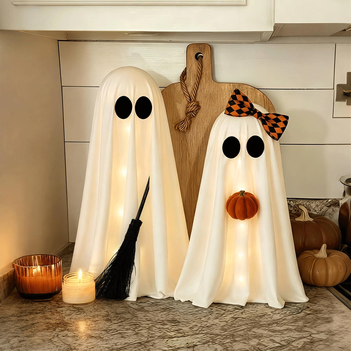 Halloween Decorations, 2 Pack Lighted Spooky Ghost with Pumpkin and Buffalo Plaid Bow, Cute Standing Ghost Decor for Halloween Decorations Indoor Home Office Table Mantel Shelf Party Supply