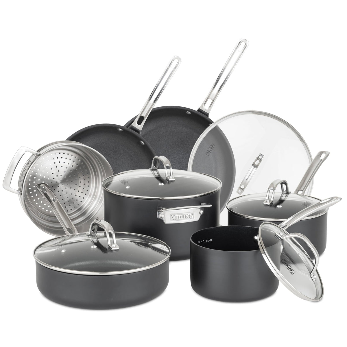 Viking Pots and Pans Set Non Stick,12 Piece Hard Anodized Kitchen Cookware with Glass Lids, Black
