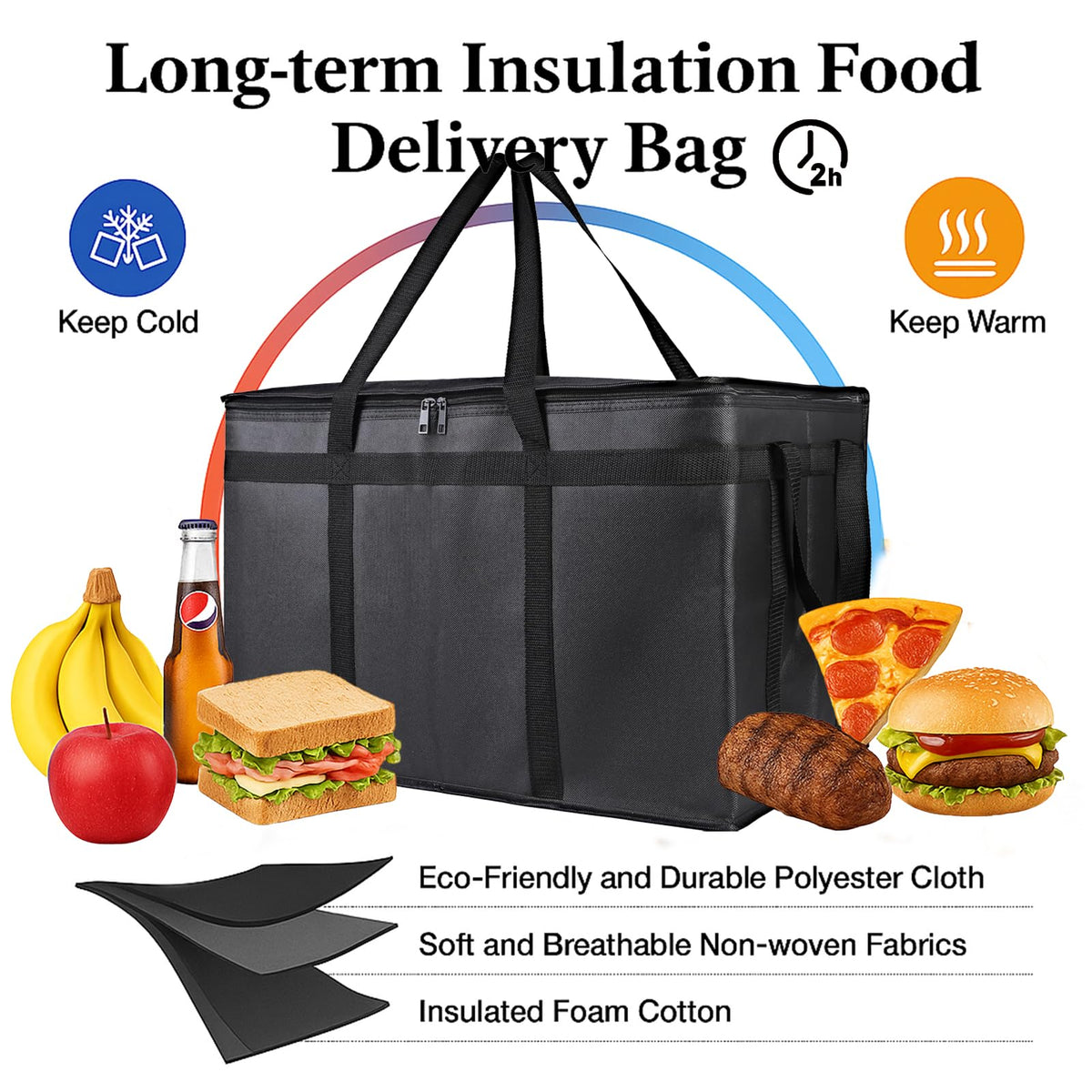 Bodaon 3-Pack Insulated Food Delivery Bag, XXXL Pizza Cooler Bags, Rideshare Delivery Bag, Thermal Cold/Hot Styrofoam Carrier for Catering/Shopping/Travel/Car, Warmer/Frozen