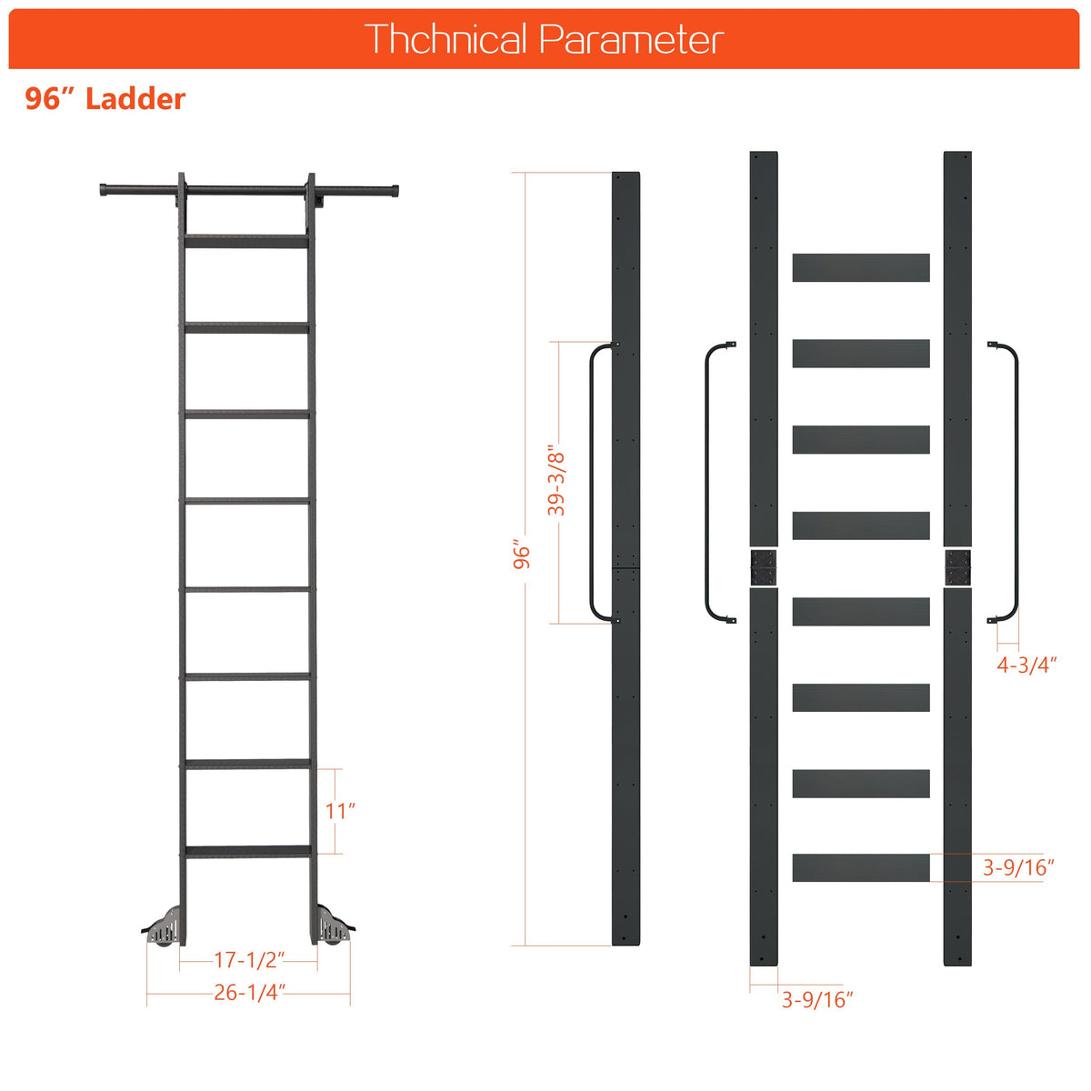 DIYHD 96" Lightweight Sliding Library Ladder with Handrail, Rolling Bookshelf Ladder with 4FT Rail System, Telescopic Top Hook, Upright Space-Saving Storage Design, 8 Steps, 300 Pound Capacity, Black