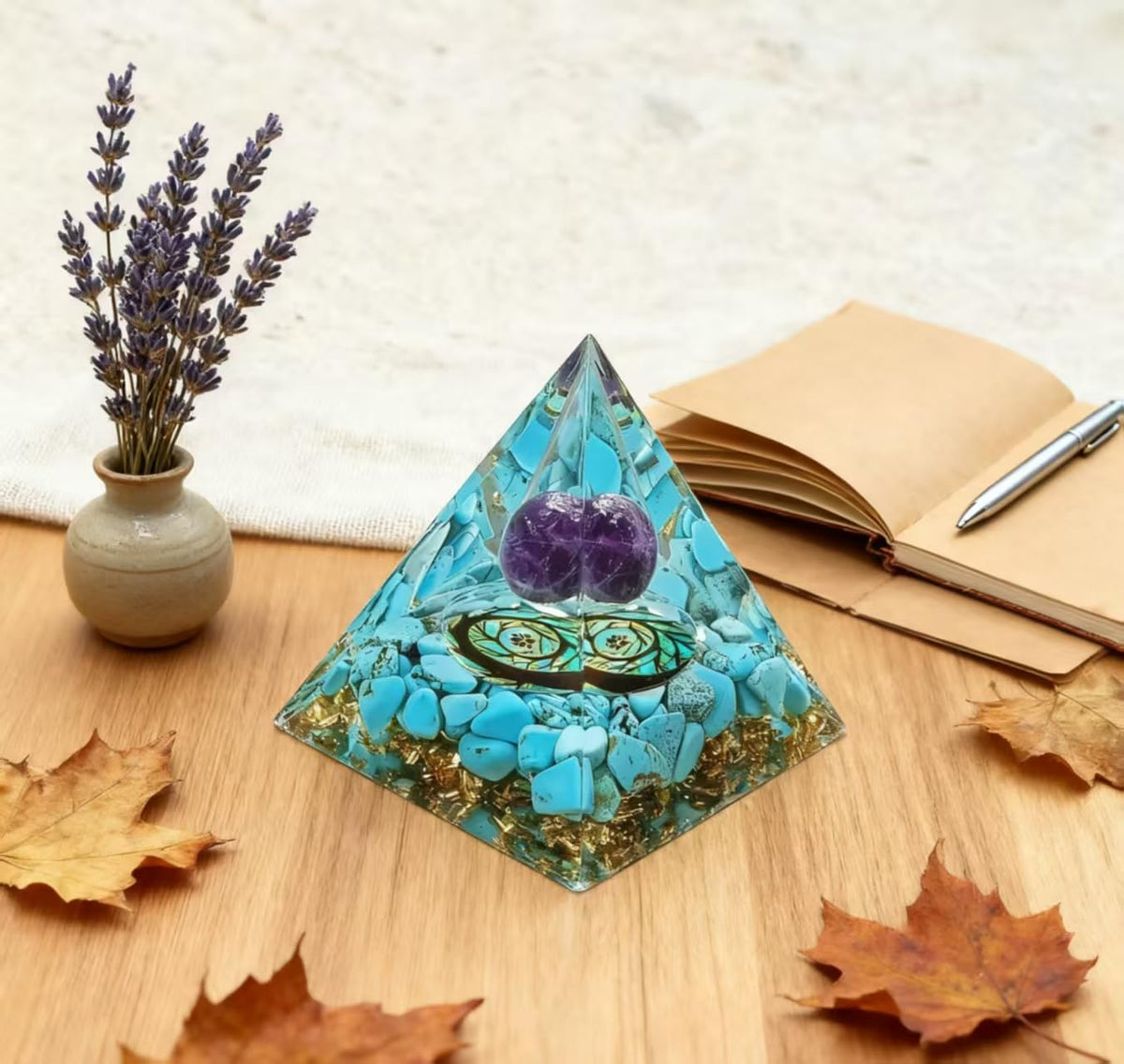 ycyingcheng Moonstone Crystal Orgone Pyramid Ogan Crystal Energy Tower, Nature Reiki Chakra Crushed Stone Jewelry, Crystal Pyramid for Home Decor (Turquoise+Amethyst Ball)