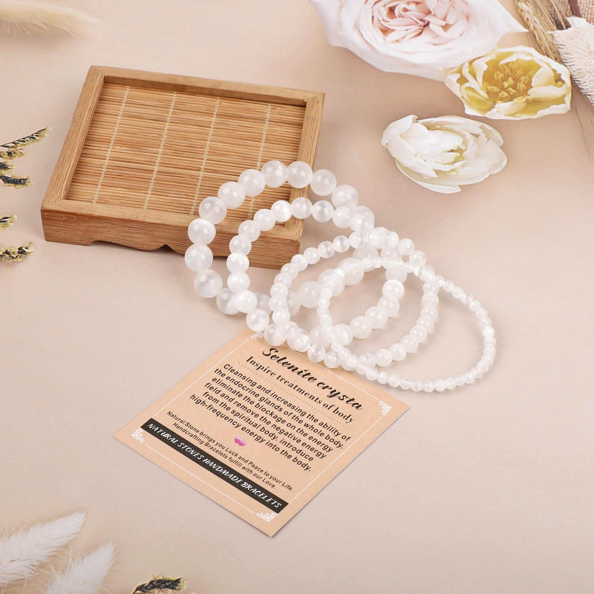 AD Beads Handmade Gemstone Stretch Elastic Bracelet Crystal Healing Reiki Nature's Beauty and Spiritual Essence Unisex (4mm, Selenite Crystal (Inspire Treatments))