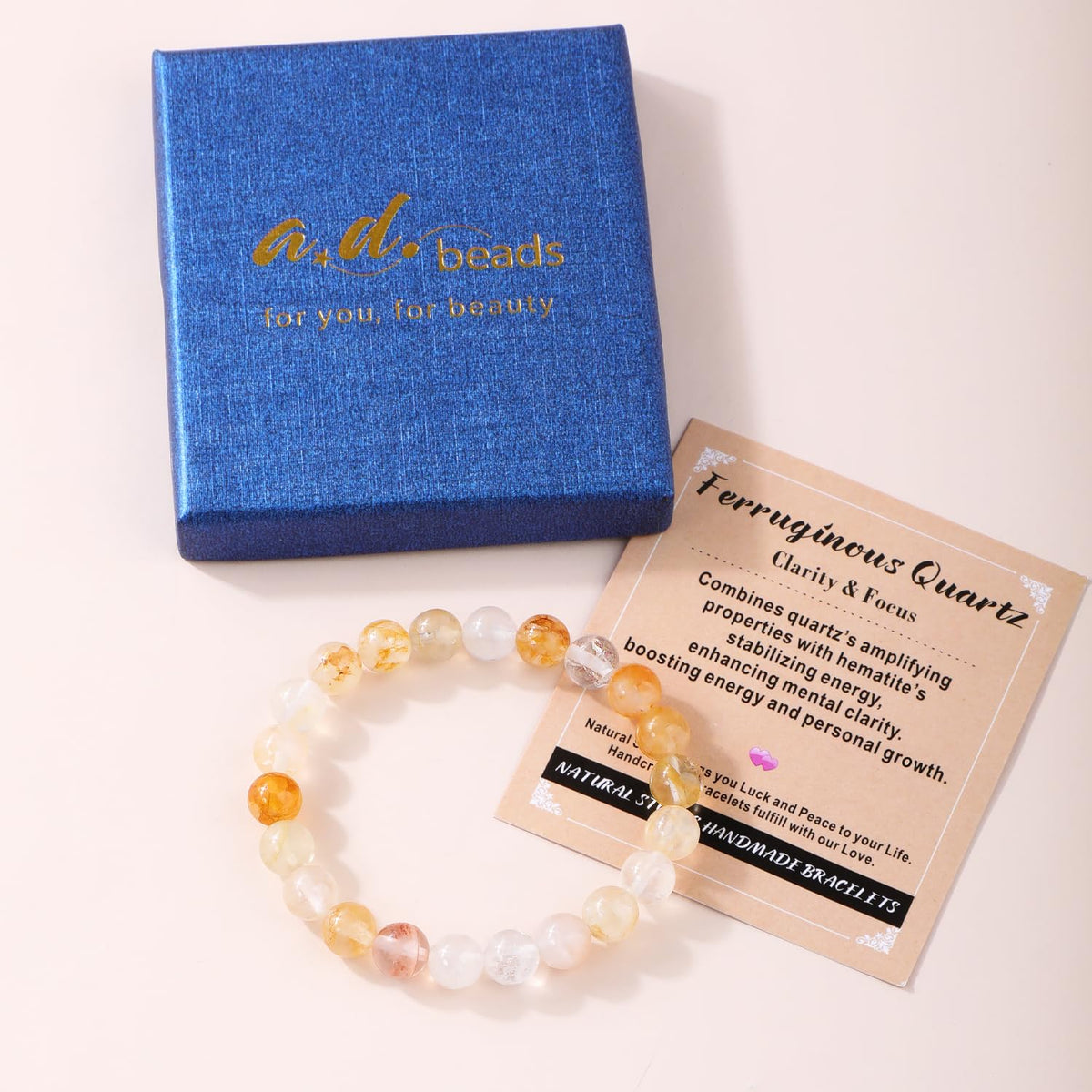 AD Beads 10mm Handmade Ferruginous Quartz Elastic Bracelet – Natural Gemstone for Clarity & Focus – Meditation, Yoga, Healing and Energy Gift for Men Women