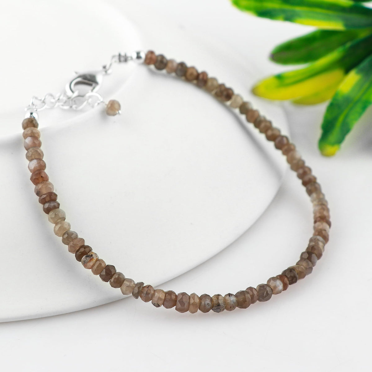 CRYSTALINES Natural Grey Moonstone Dainty Bracelets, Shaded Gemstones Beads, June Birthstone, Chakra Healing Crystals, Handmade Bracelet, Women Jewelry, Silver Chain, A Grade, 8"