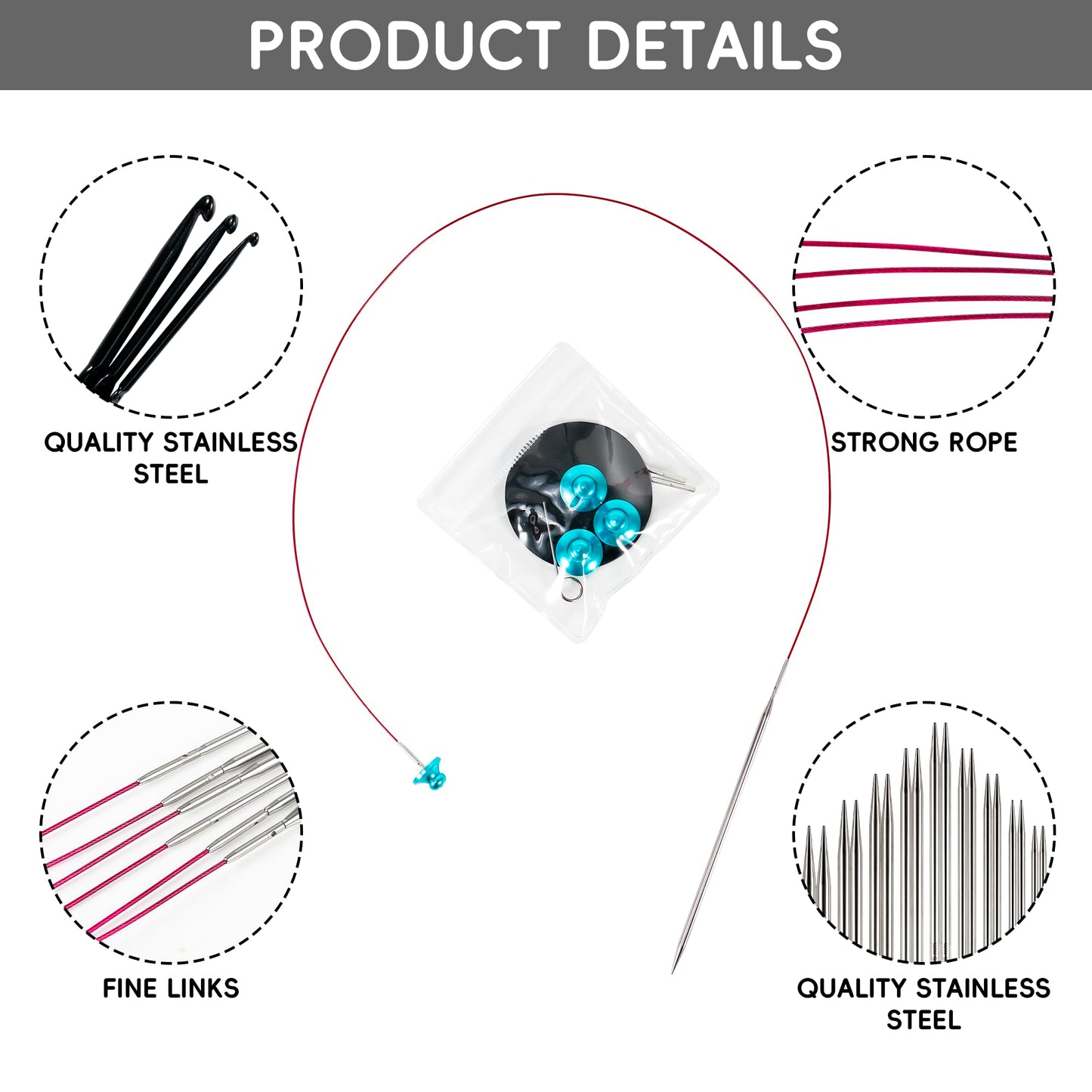 Froggod 5-Inch Stainless Steel Lace Interchangeable Circular Knitting Needle Set, Sizes US 0, 1, 2, 3, 4, 5, 6, 7, 8 Interchangeable Knitting Needles Lace-Tip with 4 Assorted Cables with Project Bag