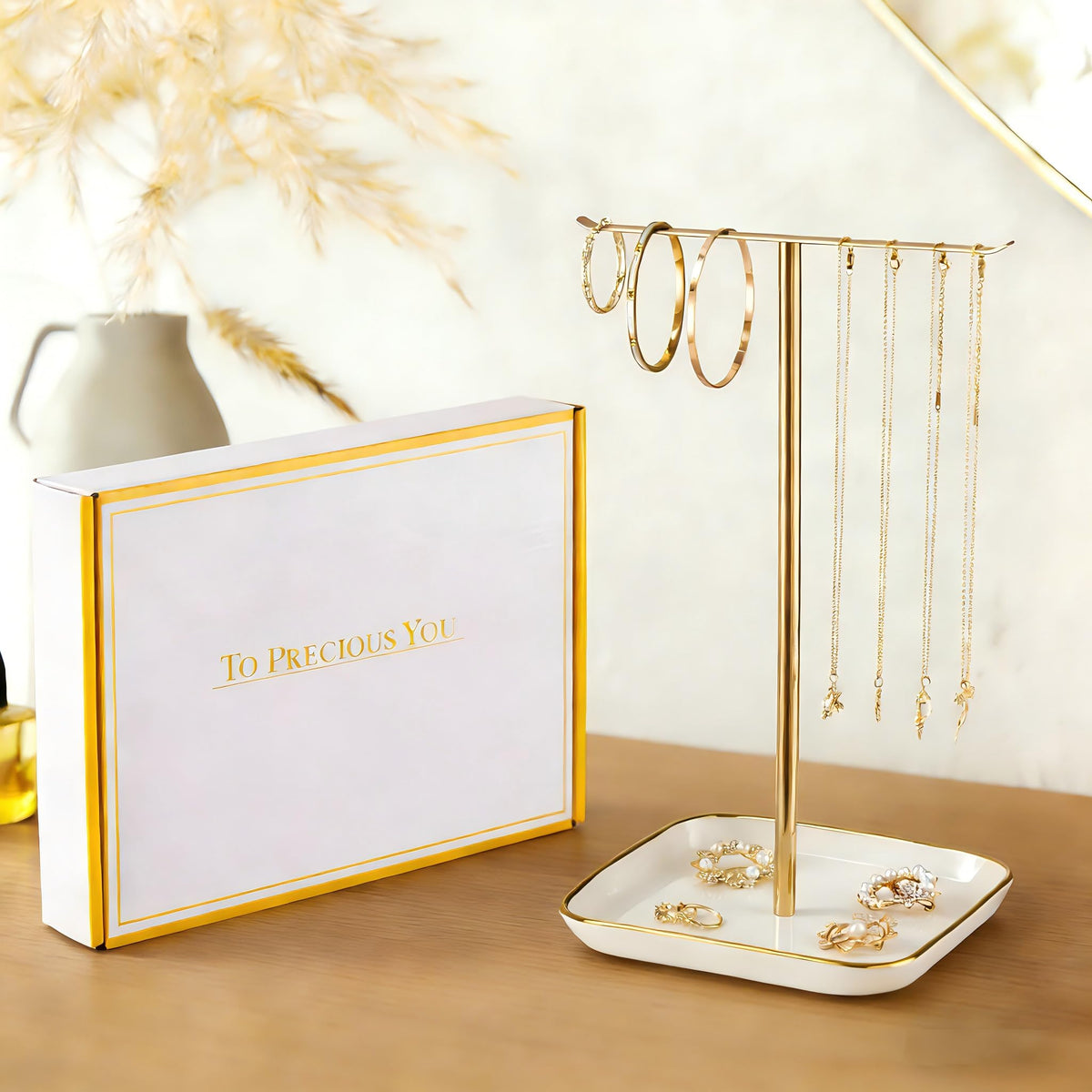 Jewelry Holder Stand with Ceramic Base: 12" Tall Necklace Organizer Rack, Tree Design Display Storage for Necklaces, Bracelets, Rings, Earrings, Aesthetic Room Décor for Girls and Women, Gold