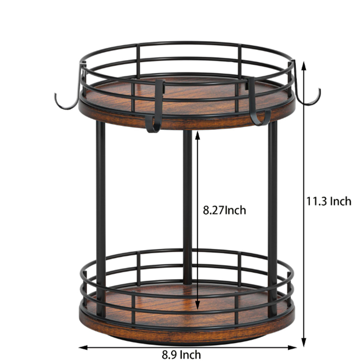 Yelinkws Rotating Coffee Mug Holder Rack Stand, 2 Tier Wooden Coffee Station Bar Organizer for Countertop, Spinning Kitchen Counter Organizer, Mug Shelf with 6 Hooks, Rustic Brown and Black