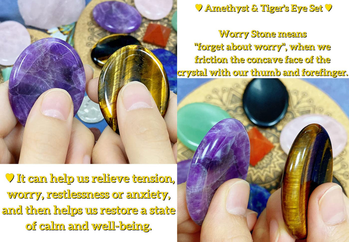 2PCS Worry Stone for Anxiety Tigers Eye Amethyst Healing Crystals Hand Thumb Stones Pocket Gemstones Meditation Accessories Oval Crystal Natural Relax Palm Stone Anxiety Relief Items Stocking Stuffers
