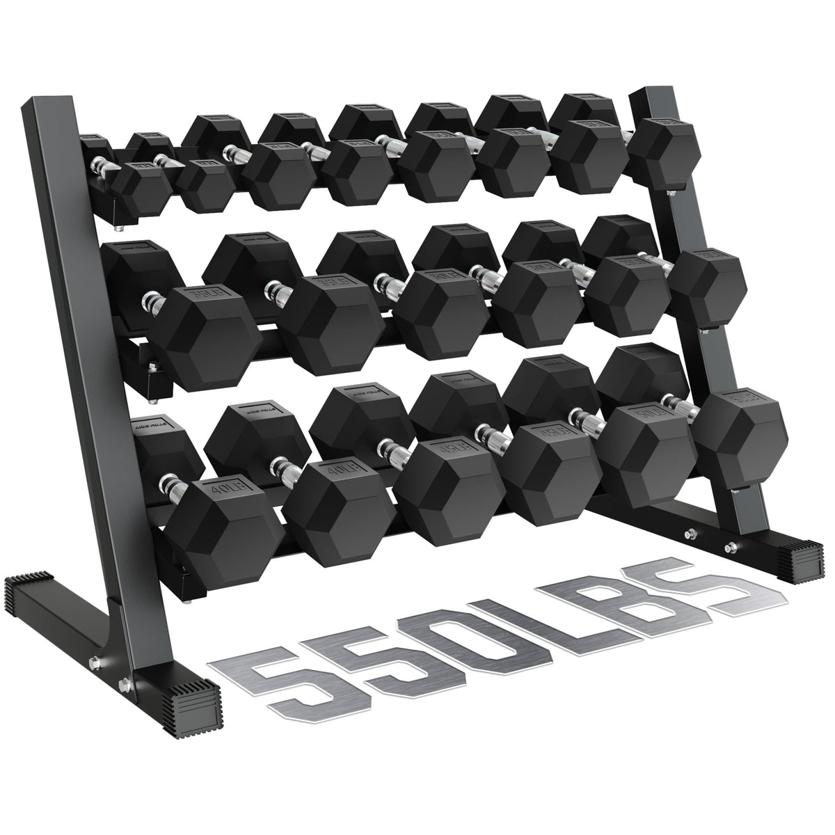 GOIMU Dumbbell Sets with Rack, Rubber Hex Dumbbells, 220/280/360/450/550LBS, Hand Weights with Chrome Handle for Strength Training(550LBS with Rack)