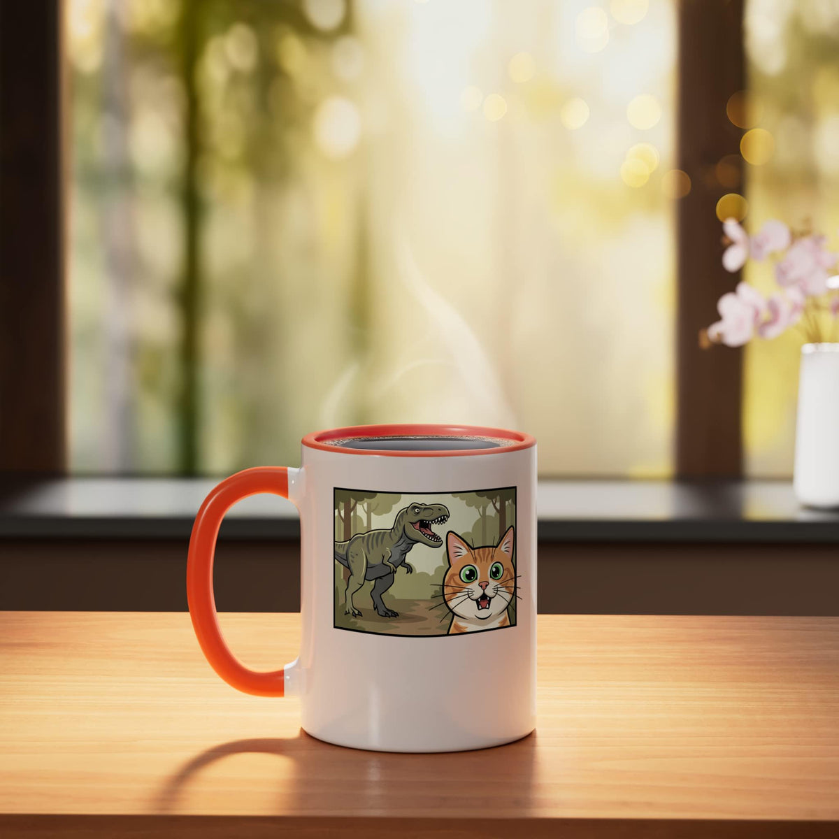 Mythical & Prehistoric Cat Vs Comic Panel Dinosaur Art Ceramic Mug, Orange/White