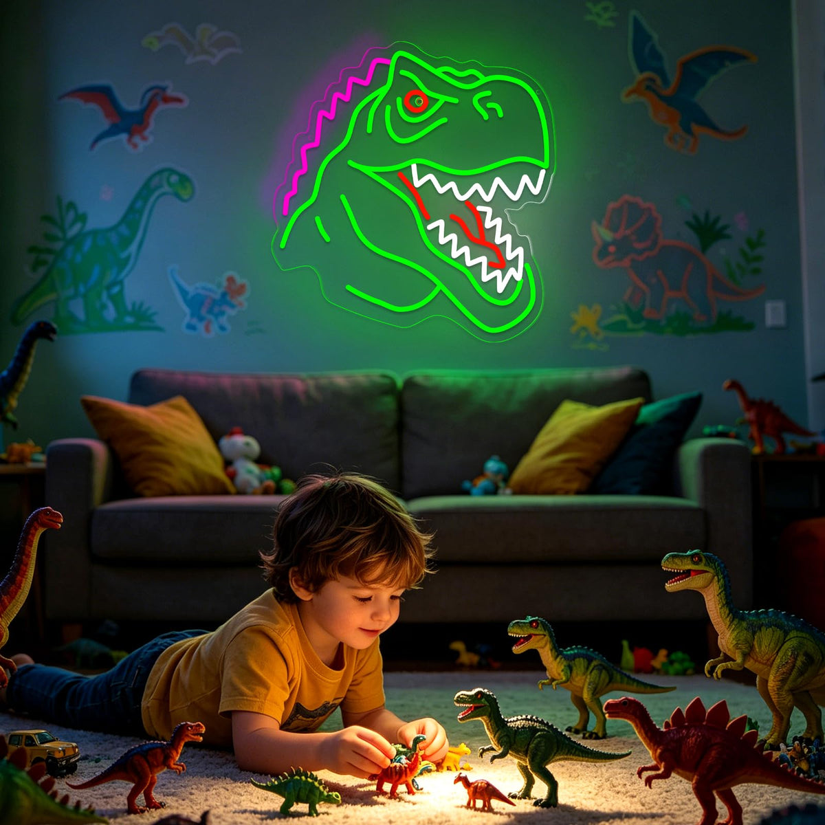 Dinosaur Neon Sign Lights for Wall Decor, T-REX LED Sign for Room and Man Cave Decor, Dimmable Powered LED Signs for Bedroom, Man Cave Party, Birthday Christmas Gift (T-REX Green)