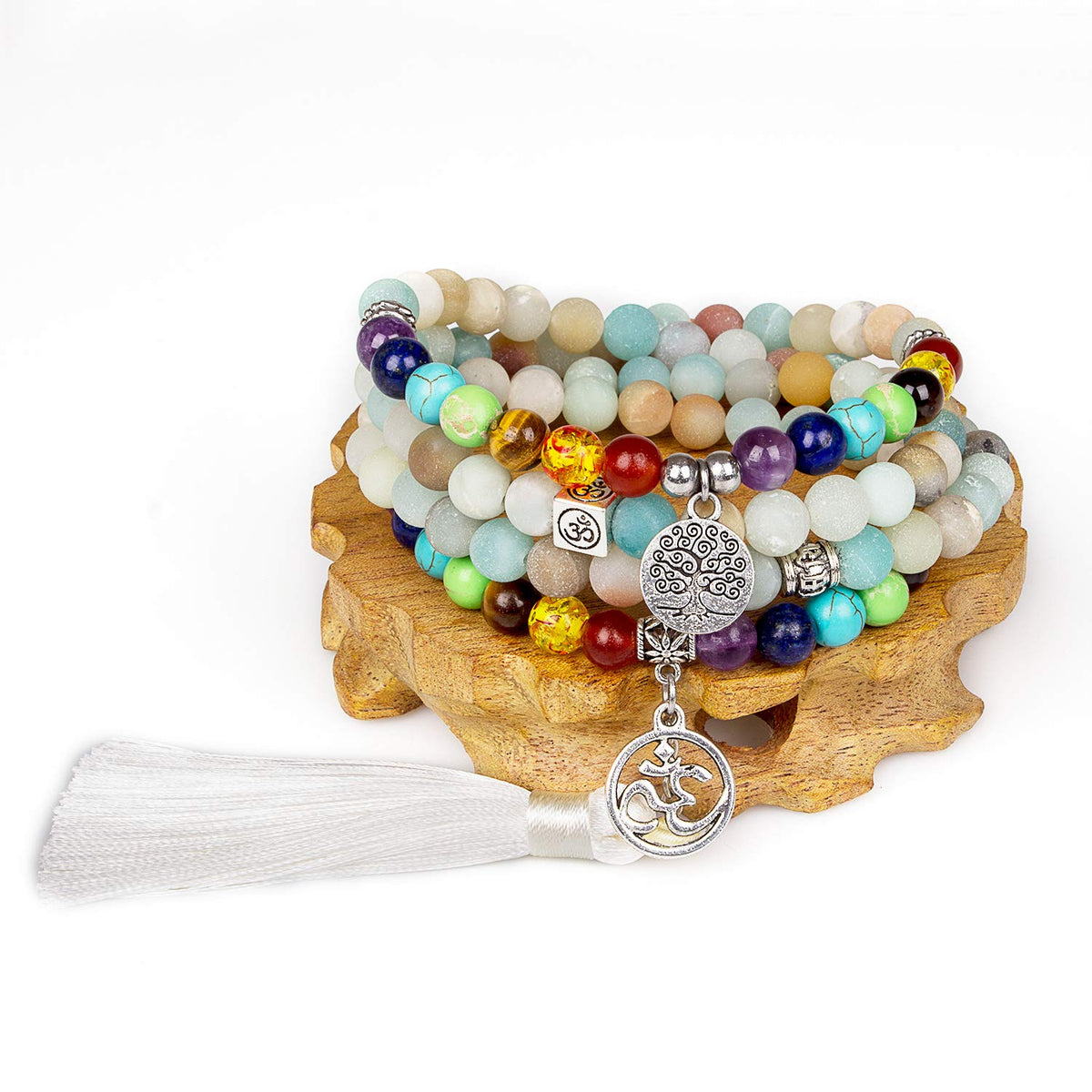 PWMENLK 108 Mala Beads Necklace 7 Chakra Buddhist Prayer Beaded Bracelet Tree of Life Pendant Stone Yoga Necklace(tassel amazonite)