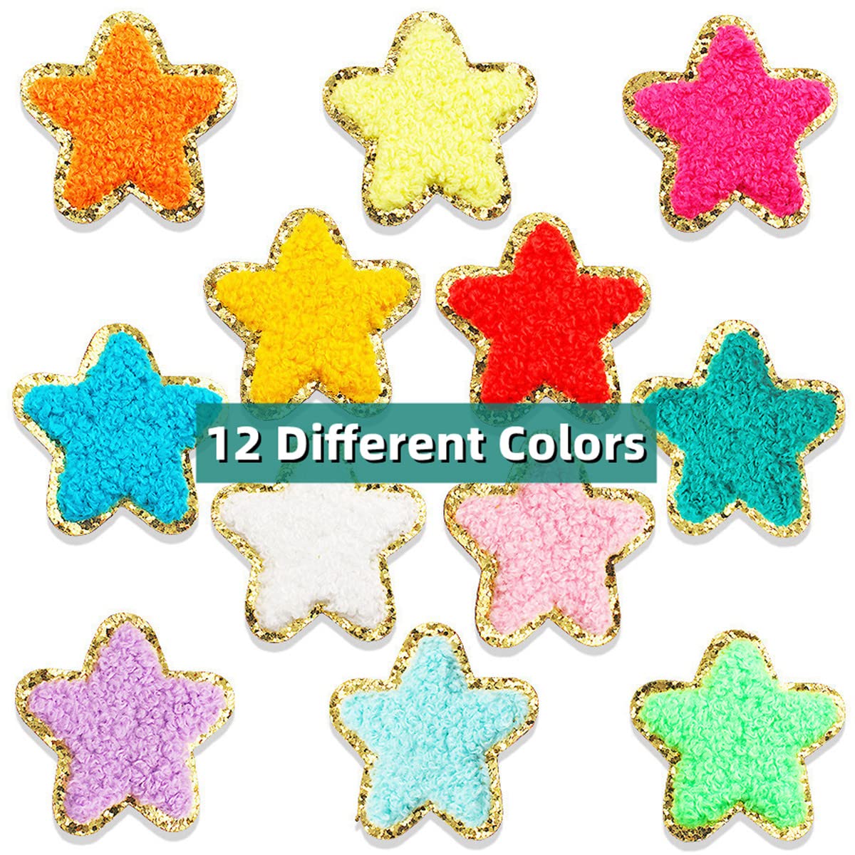 24 Pieces Star Chenille Patches,Cute Iron on Patches for Clothes,Iron on Stars Fabric Embroidered Patches for Women Backpack Hat Jacket Jean Decorative Applique(Star,White)