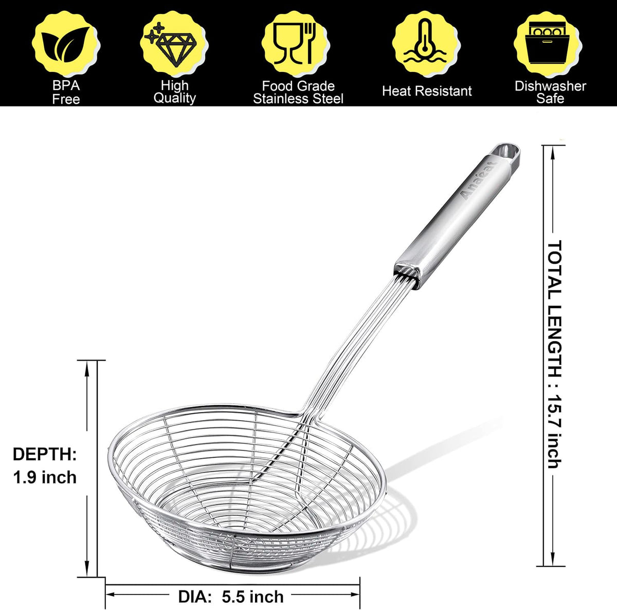 Anaeat Stainless Steel Spider Strainer Skimmer - Solid Kitchen Strainer Ladle with Long Handle for Cooking and Frying, Reinforced Double Coil Slotted Spoons for Pasta, Noodle, Spaghetti (5.5 Inch)