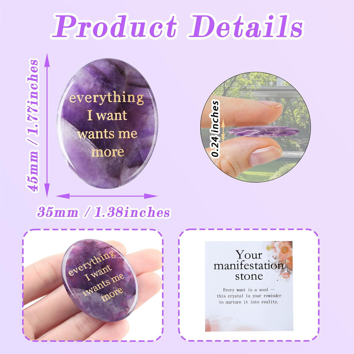 DUQGUHO Amethyst Crystal Encouragement Gifts for Women Everything I Want Wants Me More Inspirational Positive Anxiety Relief Items Pocket Hug Stones Emotional Calming Sobriety Gifts for Women Men