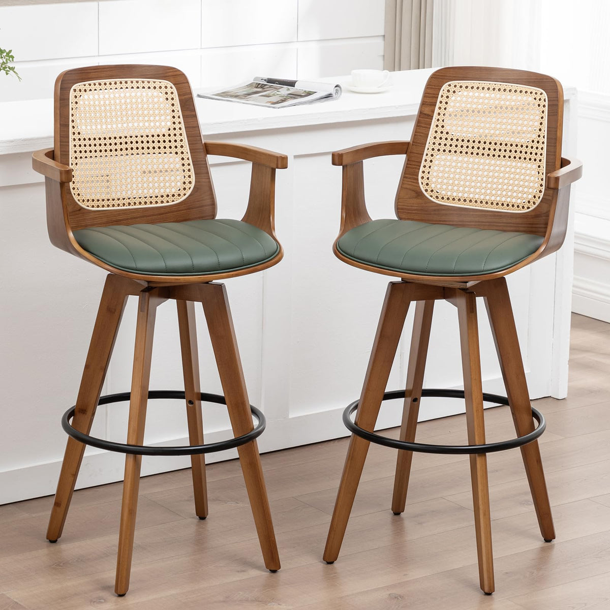 WUPOTO Bar Stools Set of 2, 29.7" Bar Height 360° Swivel Stools with Ergonomic Rattan Back, Faux Leather Seat, Bamboo Legs with Walnut Finish, Mid-Century Style (Green)