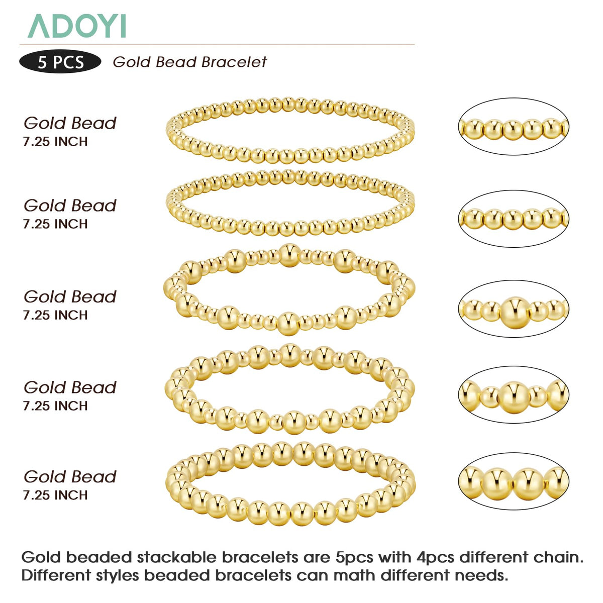 adoyi Gold Bracelets for Women, 14K Gold Plated Beaded Stretch Bracelet Strand Bead Ball Bracelets stack Set Trendy Adjustable Non Tarnish Jewelry Sets for Womens Gifts