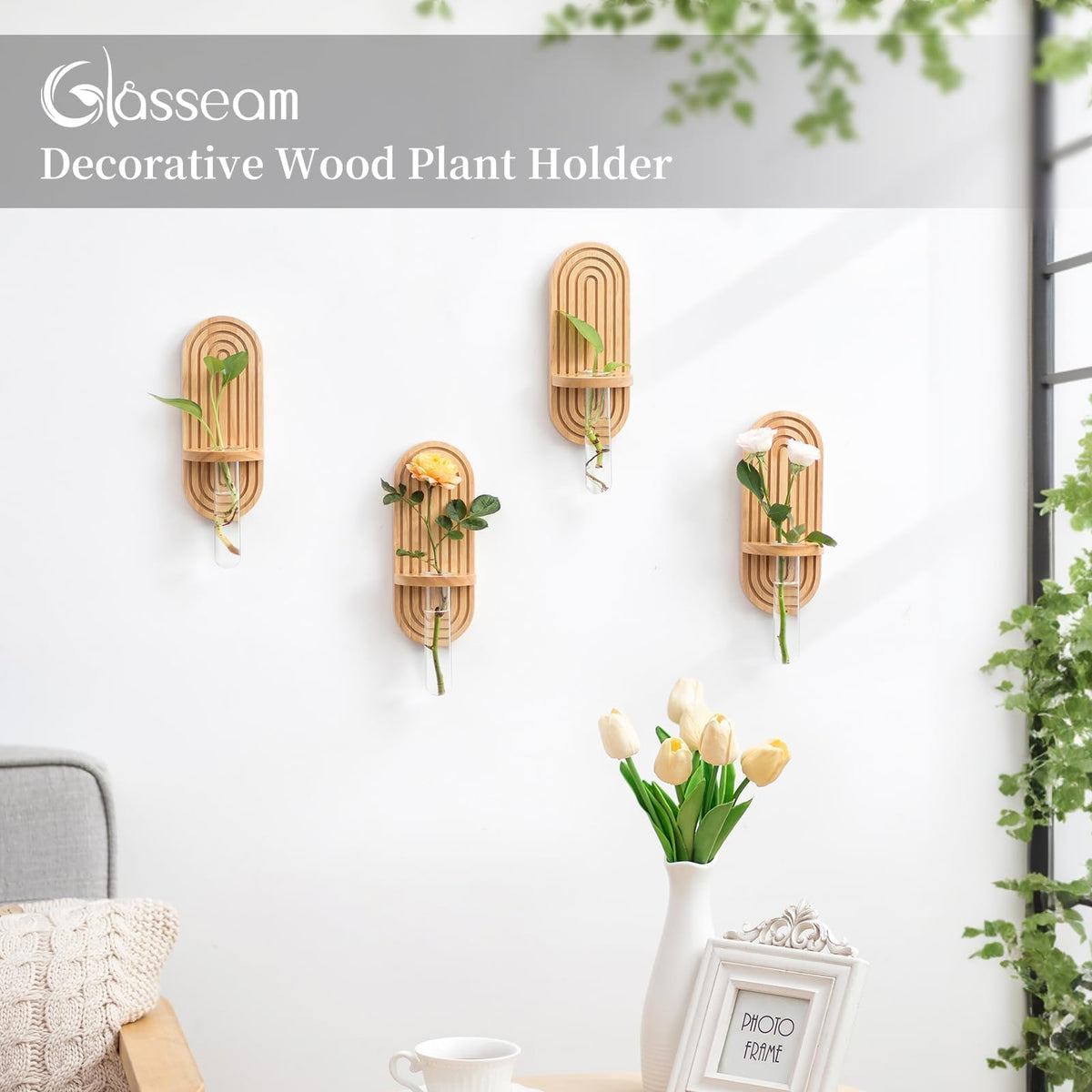 Glasseam Propagtion Stations for Wall Decor: 4pcs Boho Hanging Glass Propagation Vases for Plants and Flowers - Indoor Wood Wall Planter with Test Tube for Living Room Entryway Office Home Decor