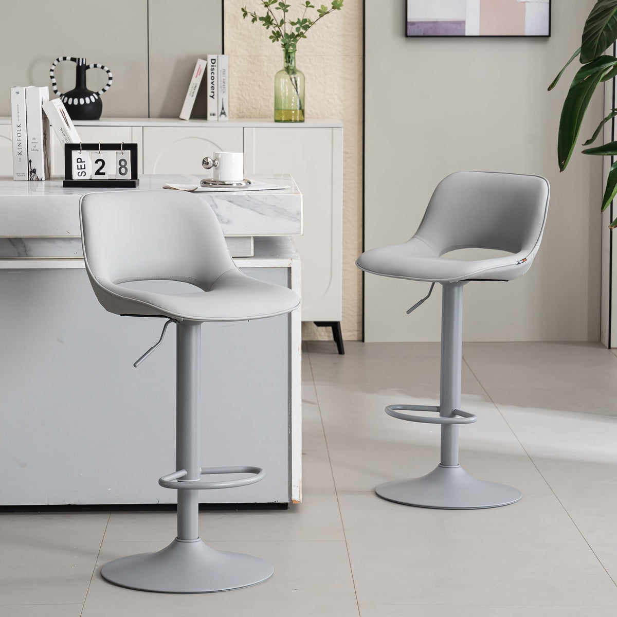 YOUNIKE Bar Stools Set of 2 All Grey Swivel Barstools, Compact Adjustable Counter Height Bar Stools Faux Leather Upholstered Counter Stools with Hollow Back for Kitchen Island